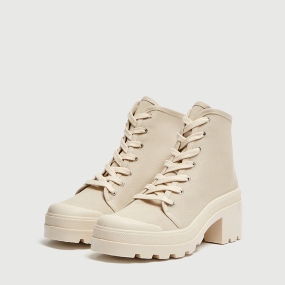 Bershka Shoes - Bershka beige fabric track platform ankle boots